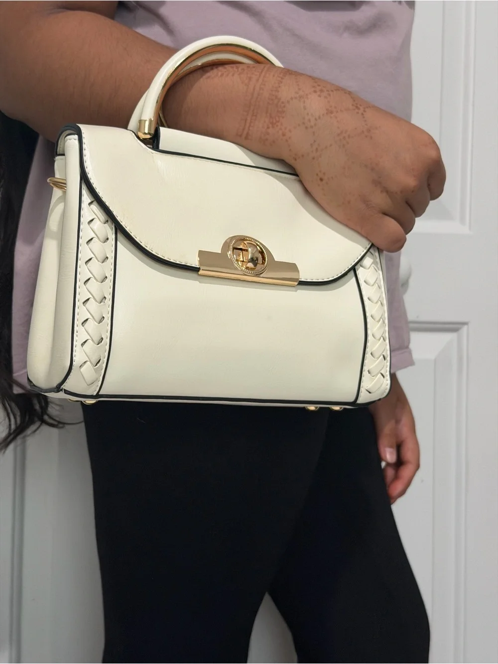 Cream Top-Handle Satchel with Gold Hardware